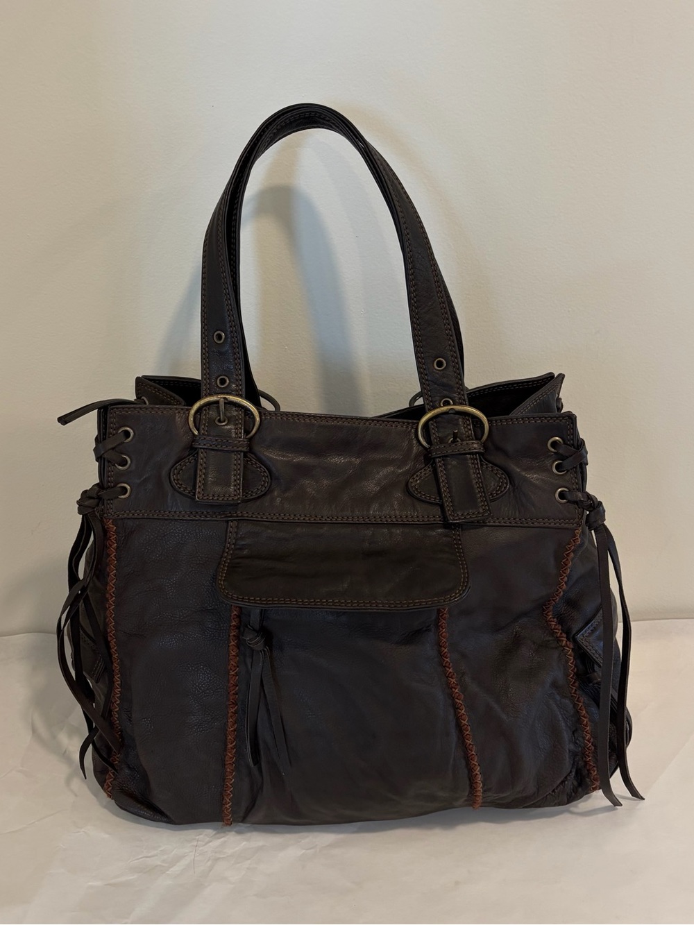 Nicoli Brown italian Leather oversized hobo fringe purse handbag shoulder bag - Picture 2 of 13